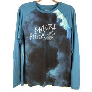 MAORI HOOK Mens Long Rahlan Sleeve Fishing T-Shirt Printed Logo BLUE Size M